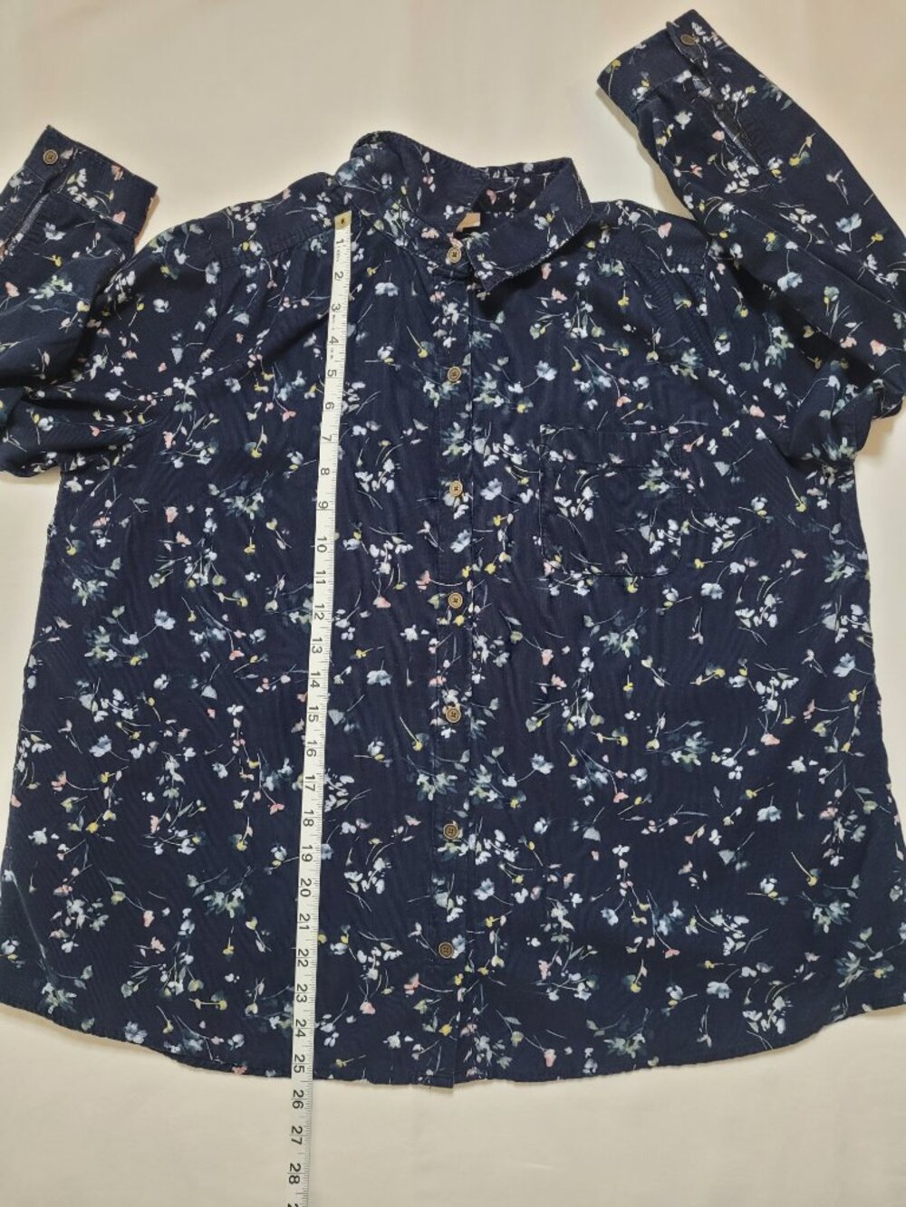 J. Jill Navy Blue Floral Corduroy Button Down Blouse Top Medium Coastal Grandma - Picture 7 of 10